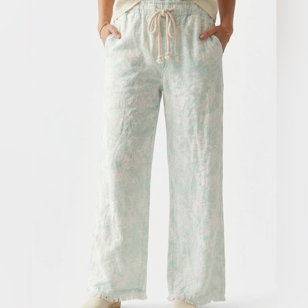 171 NWOT SoundStyle Tropical Linen Blend Trousers Green White Size L